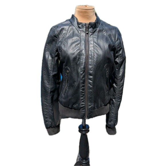 Therapy Womens Bomber Jacket Medium Perforated Faux Leather Black Biker Edgy Zip - Picture 1 of 8